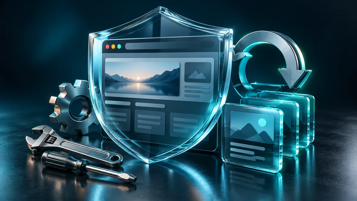 Website interface protected by a glass shield beside backup tiles and maintenance tools