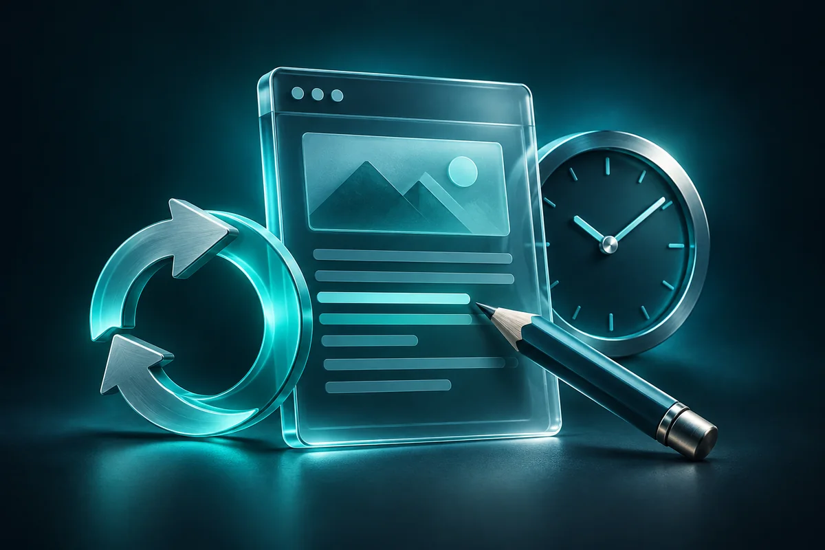 An editorial article page with an update arrow, clock, and pencil on a dark background