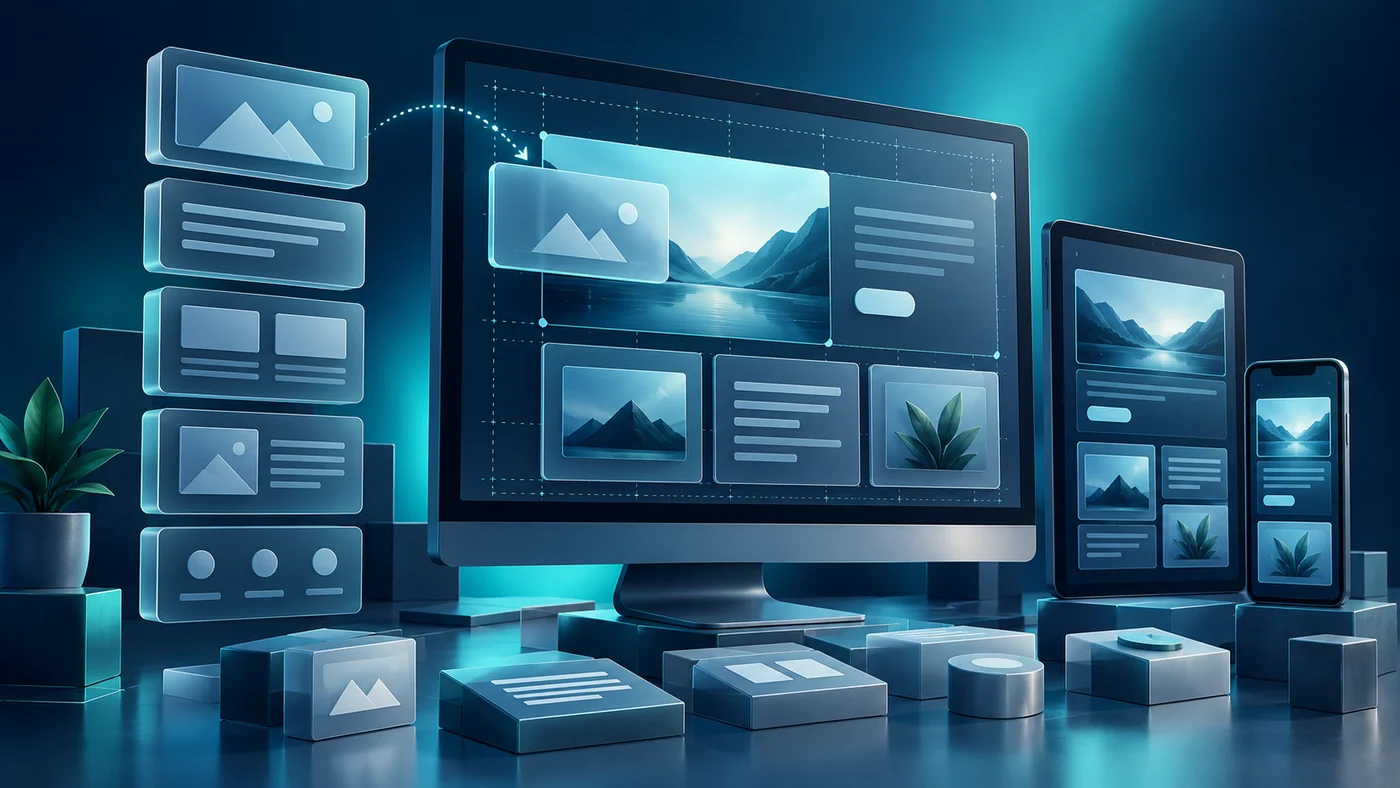 Dark teal illustration representing wordpress block themes