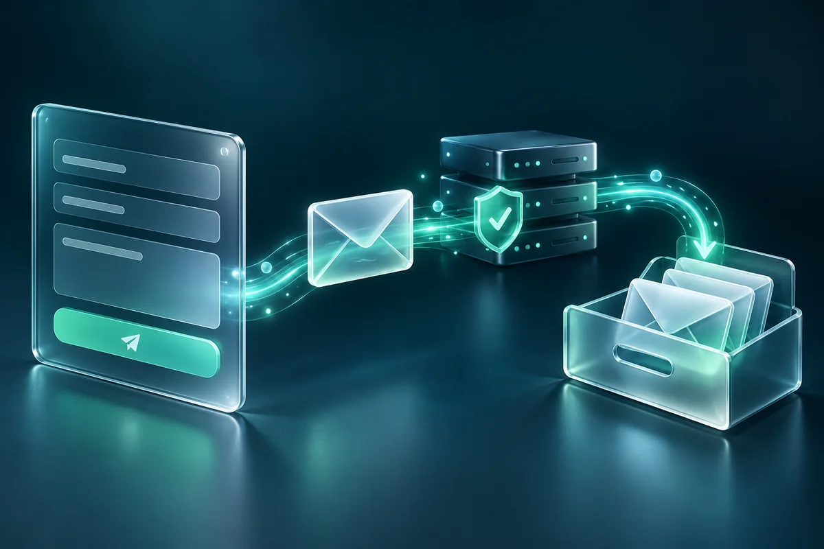 Contact form sending a glass envelope through a verified server route to an inbox