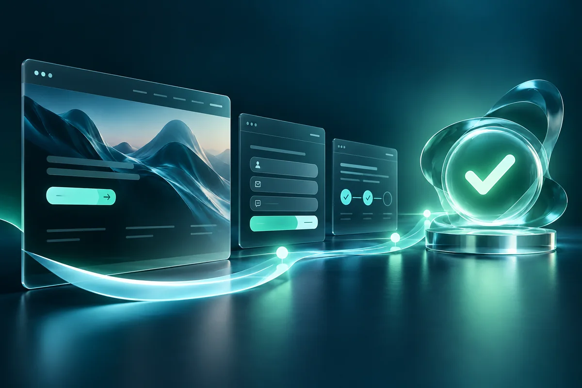 Landing page and enquiry panels connected by a luminous path to a confirmation symbol