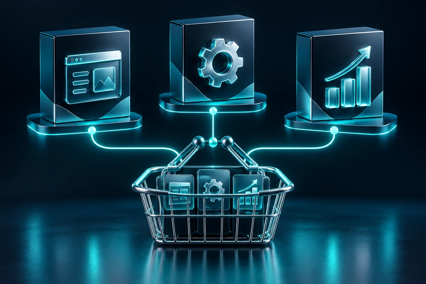 Navy and teal editorial illustration for ecommerce product bundles