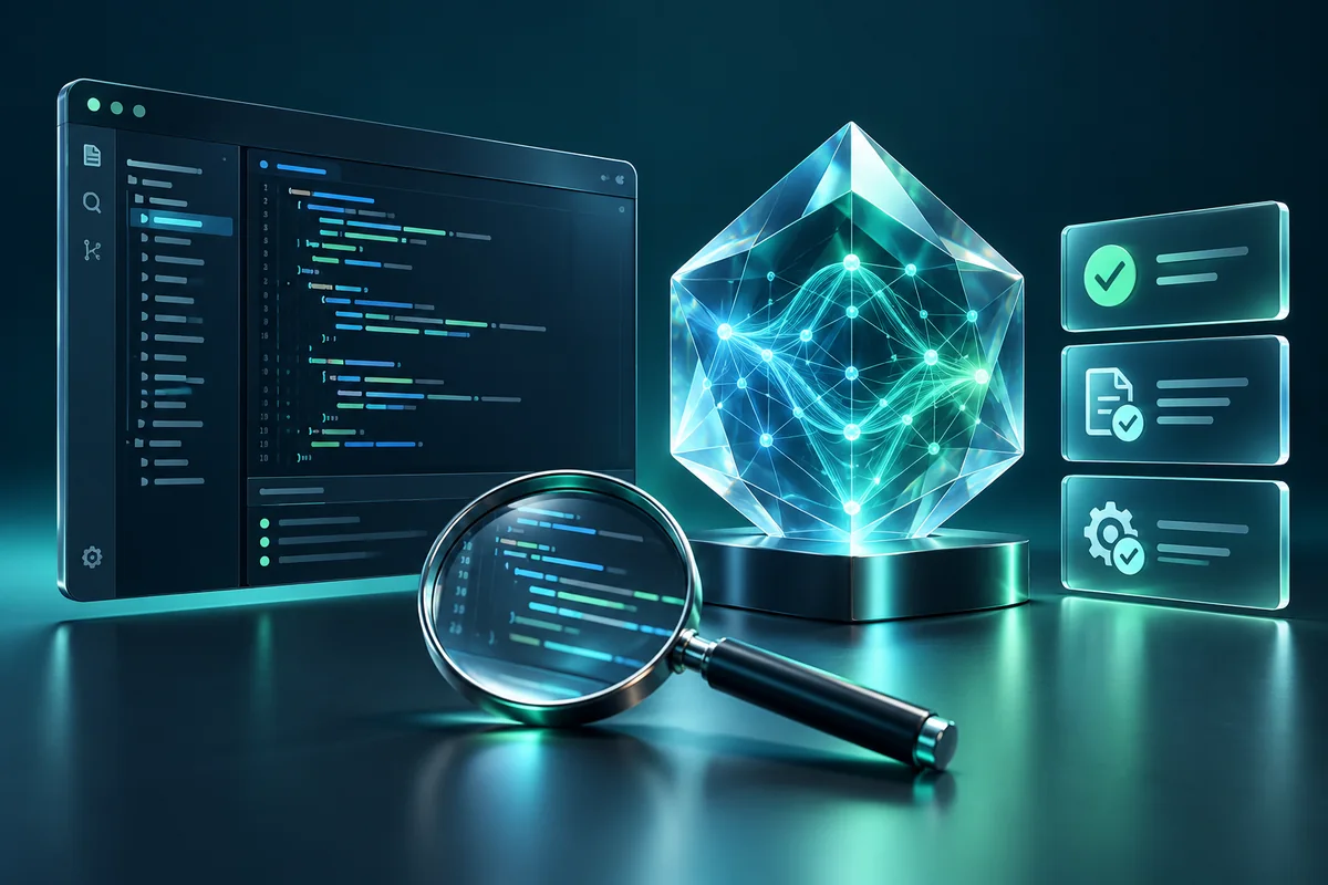 Code editor and luminous AI prism beside a magnifying glass and verification cards