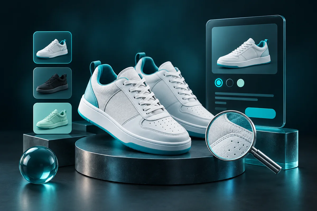 Sneakers, colour variants, product cards, and a magnifying lens in a teal studio