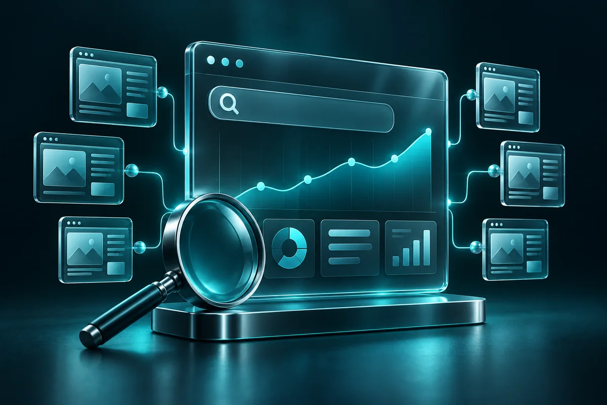 A glass search analytics dashboard connected to website tiles beside a magnifier