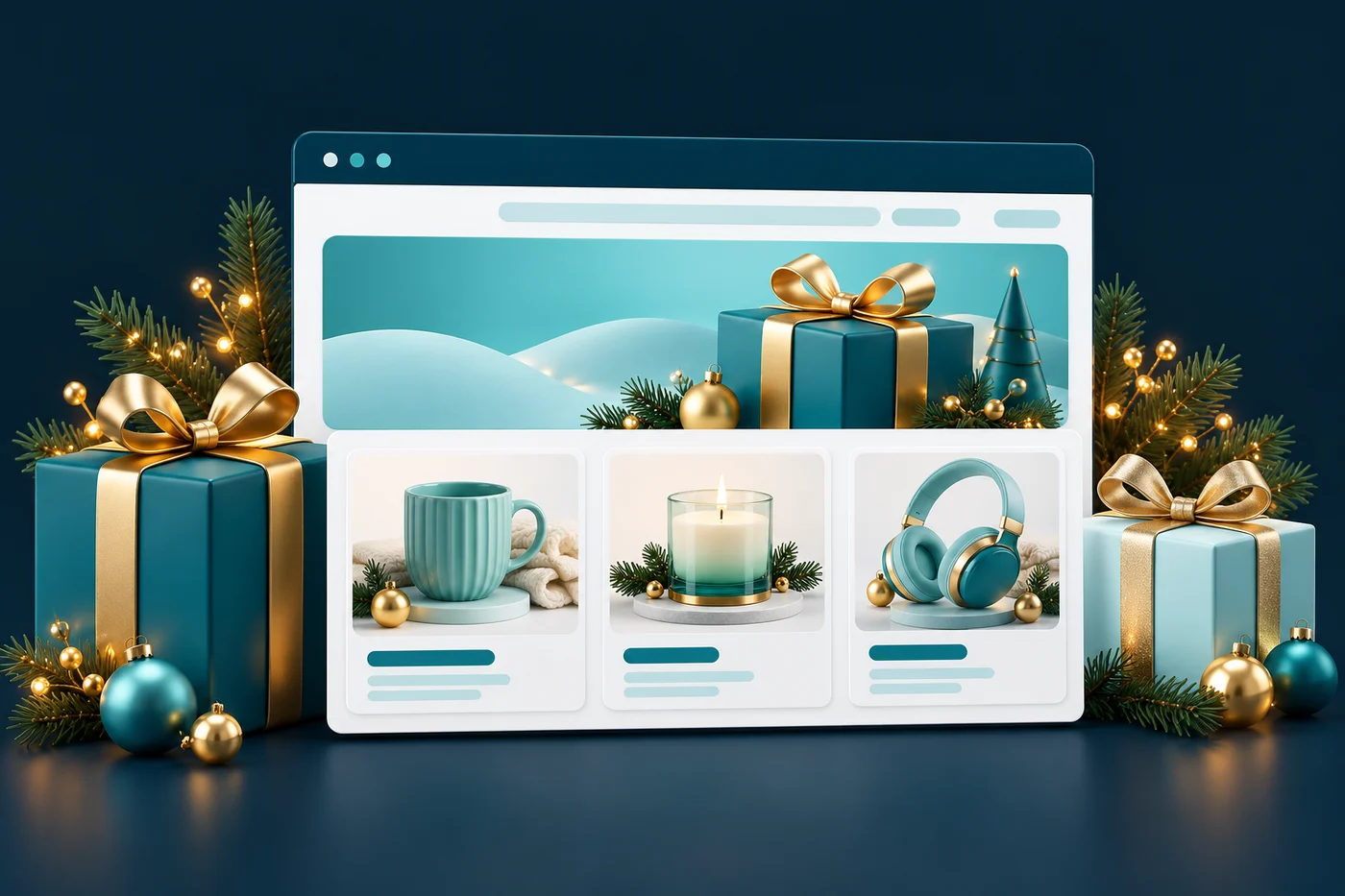 A holiday gift-guide storefront with curated product cards and wrapped gift boxes