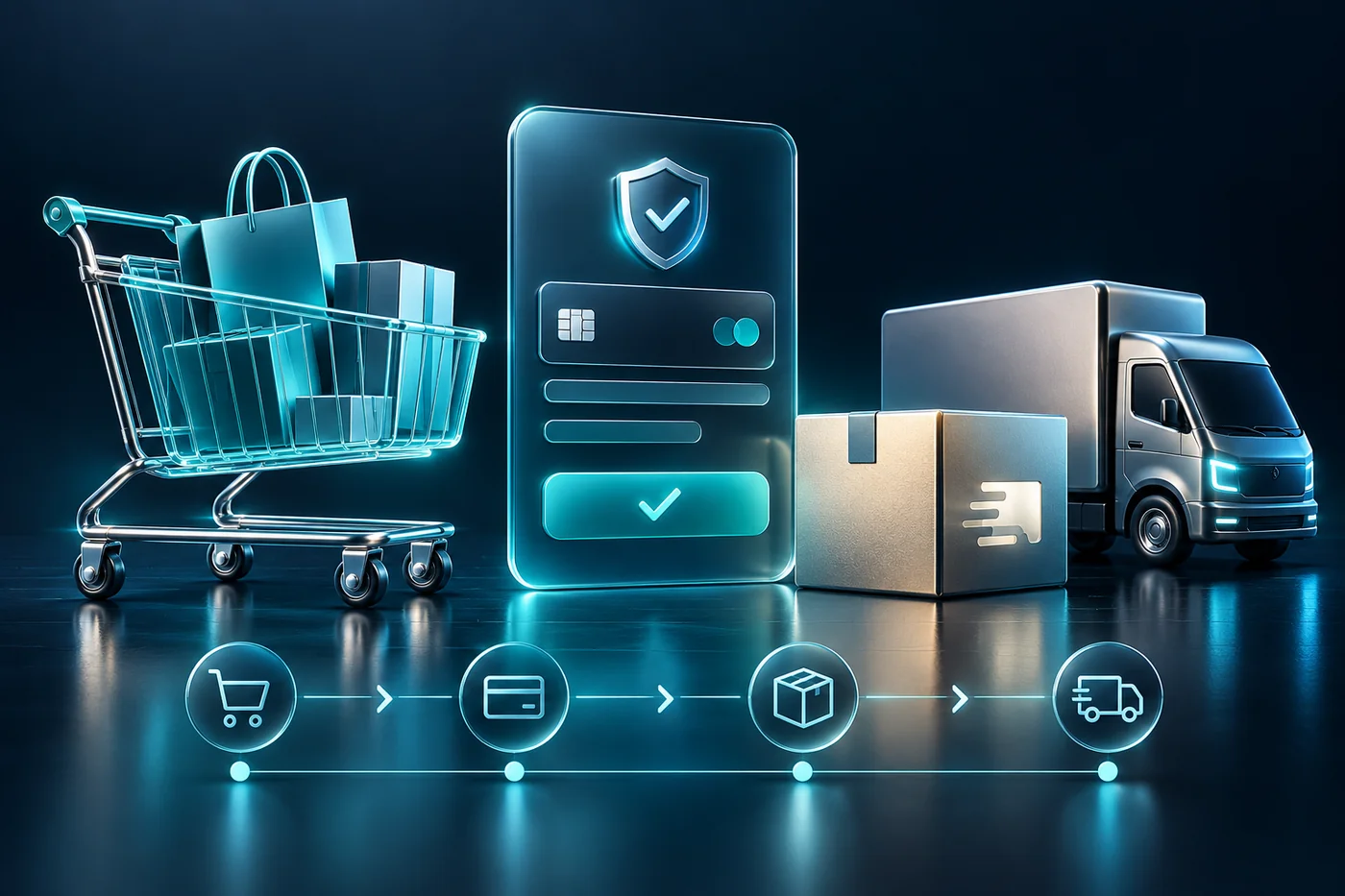 Navy and teal editorial illustration for ecommerce checkout ux