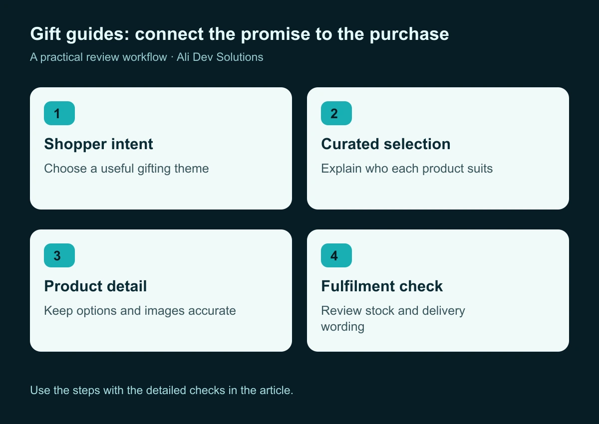 A gift-guide workflow connecting shopper intent, a curated selection, product detail, and a checked fulfilment journey