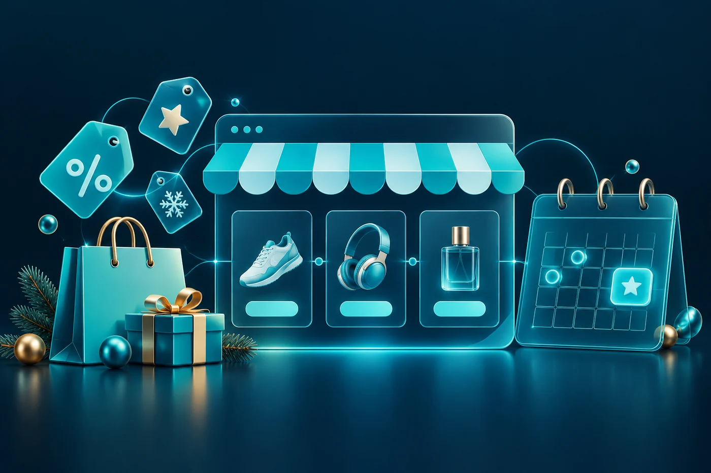 A seasonal ecommerce storefront with product cards and a launch calendar