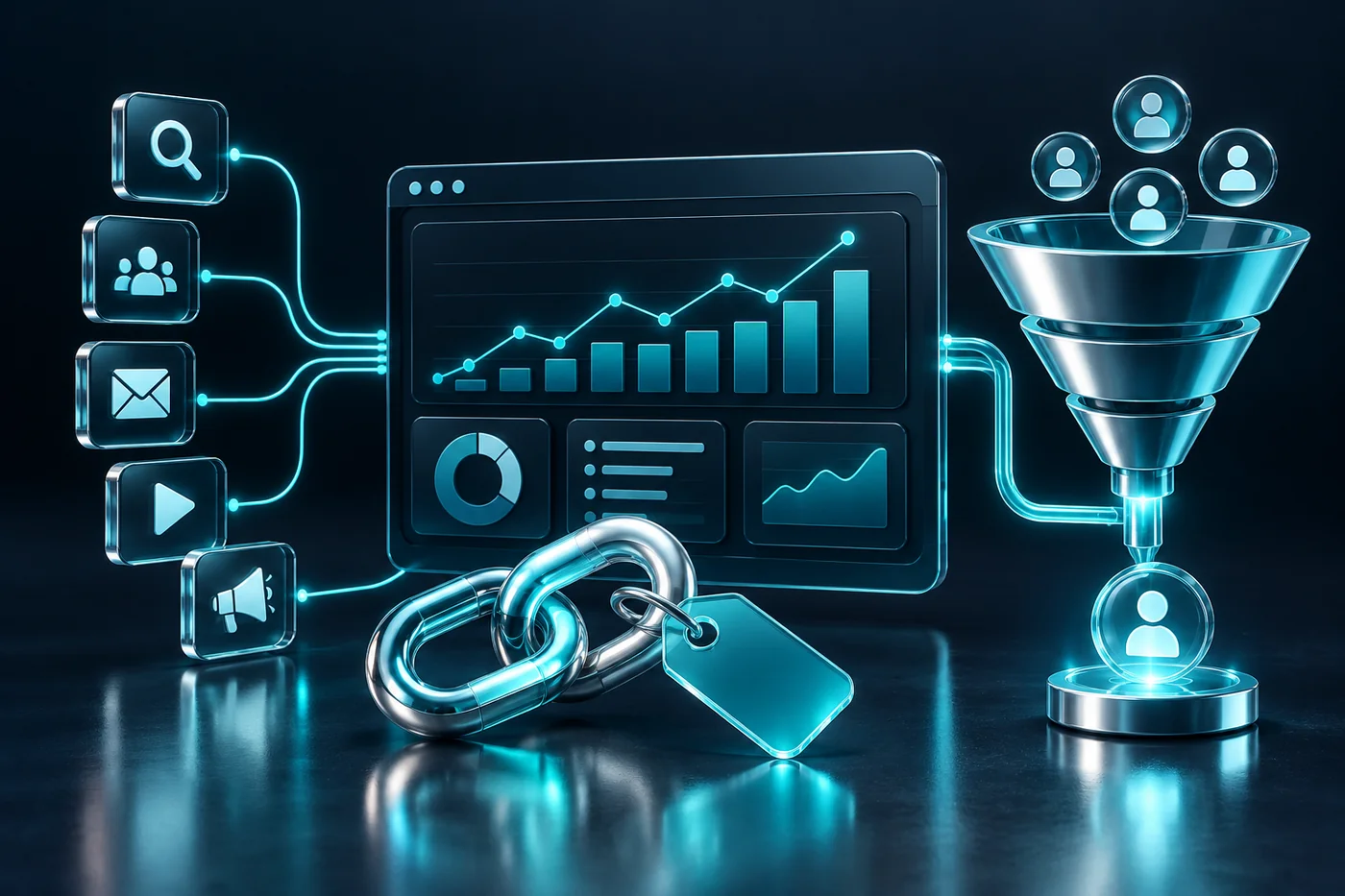 Navy and teal editorial illustration for utm campaign tracking