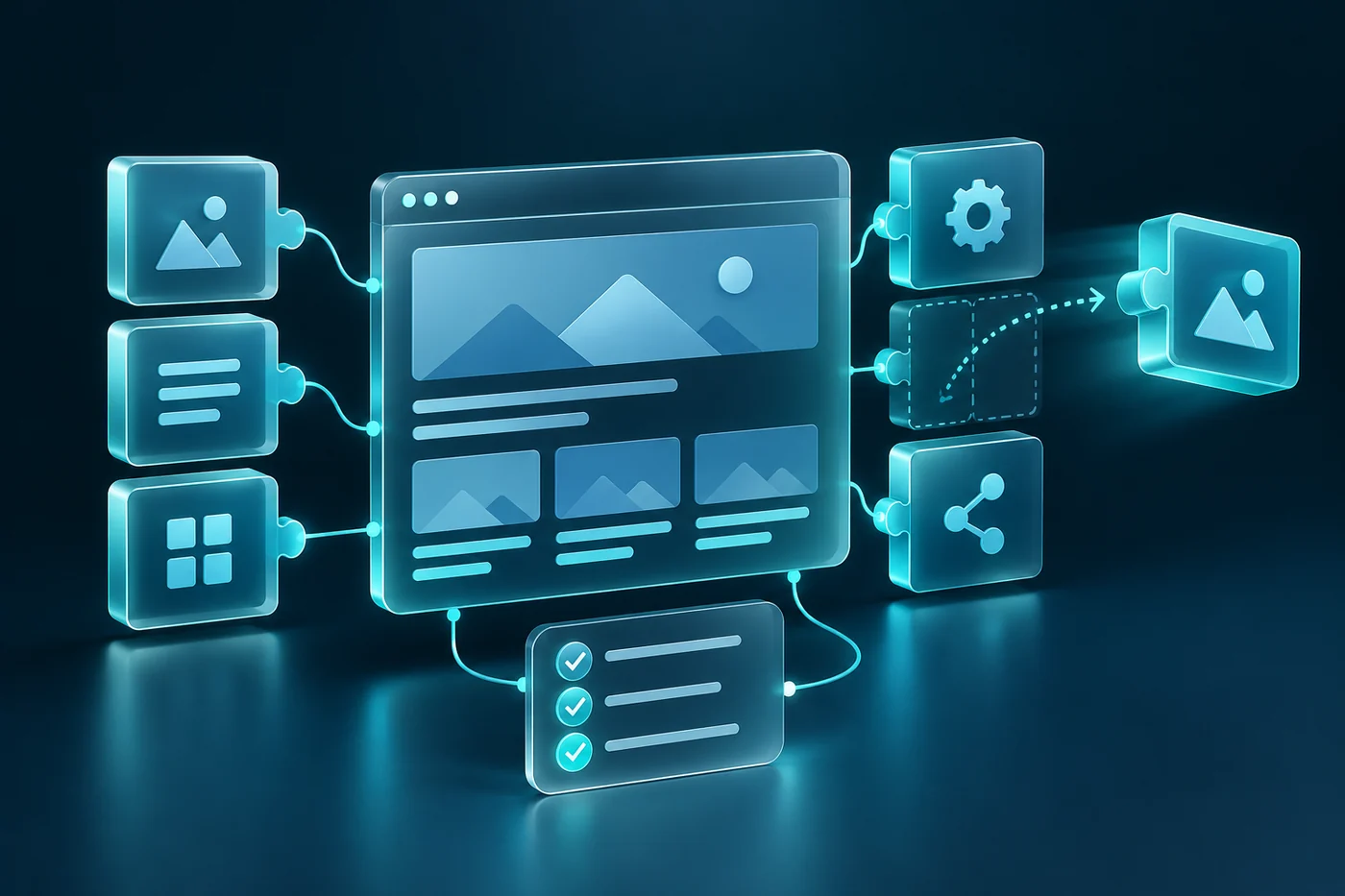 A website panel surrounded by plugin blocks and dependency connectors