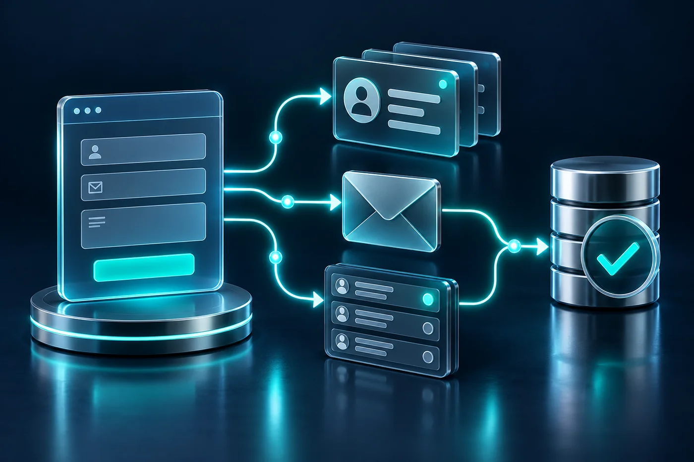 Navy and teal editorial illustration for website enquiry automation
