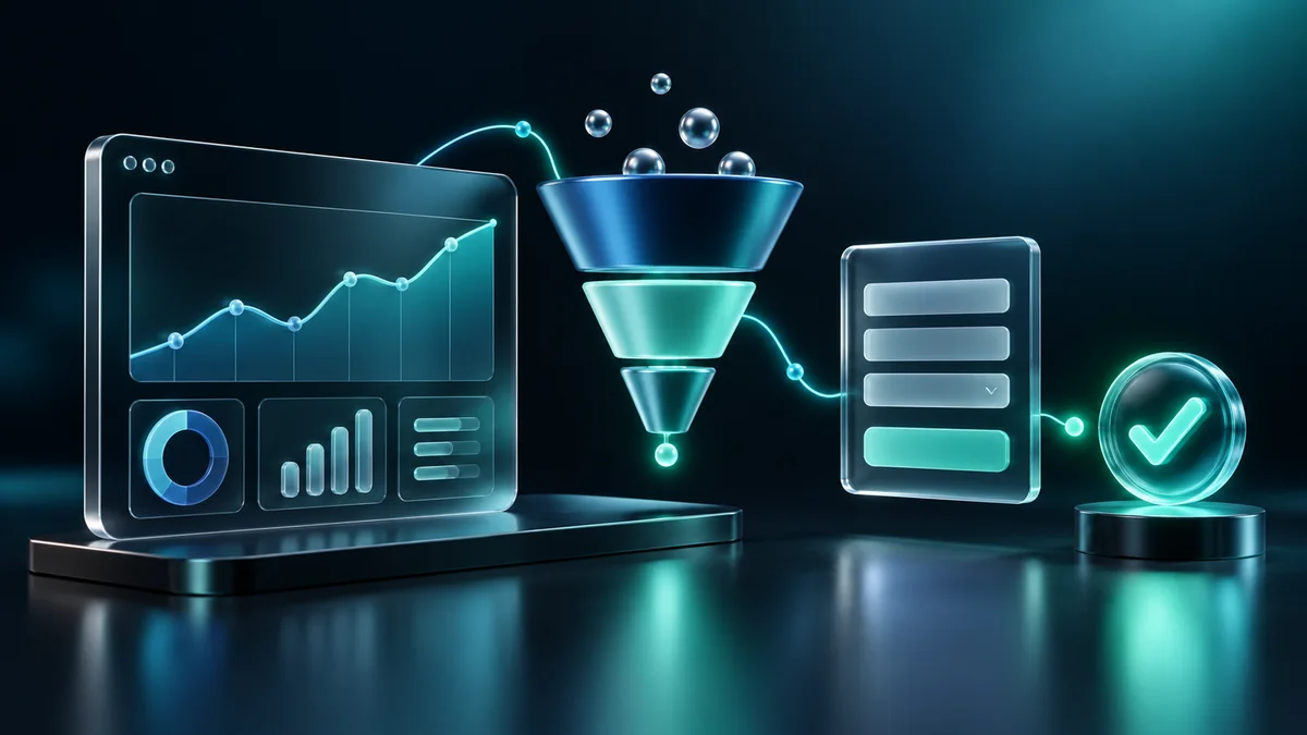 Analytics dashboard and funnel connected to a form and accepted-enquiry check symbol