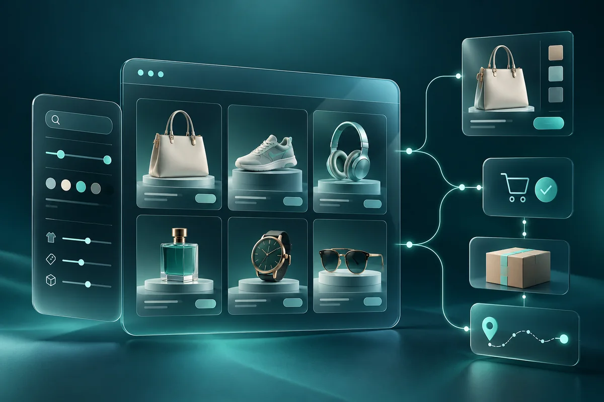 Ecommerce filter interface linked to organised products and shopping information cards