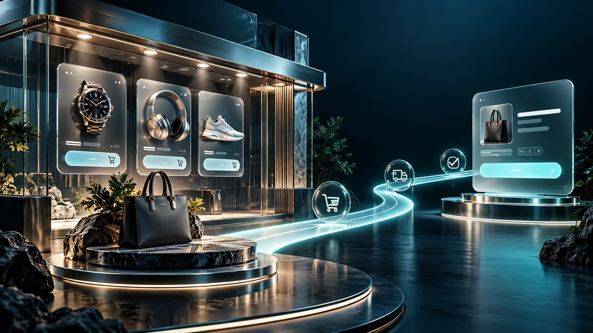 Ecommerce product display connected by a light path to a checkout interface