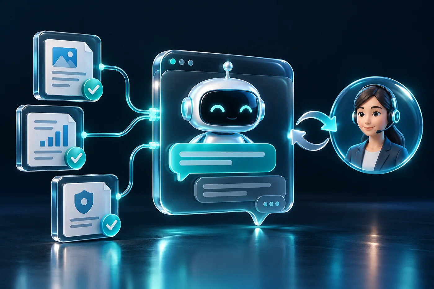 Navy and teal editorial illustration for ai website chatbots