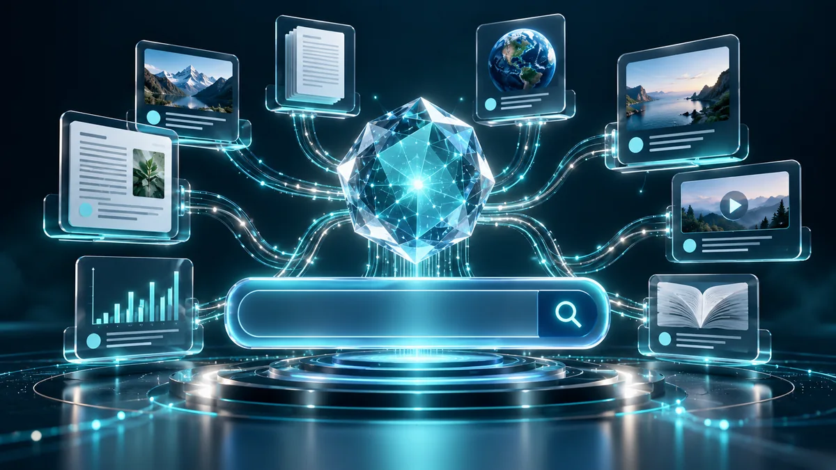 Glass search interface connecting content cards to a luminous knowledge node