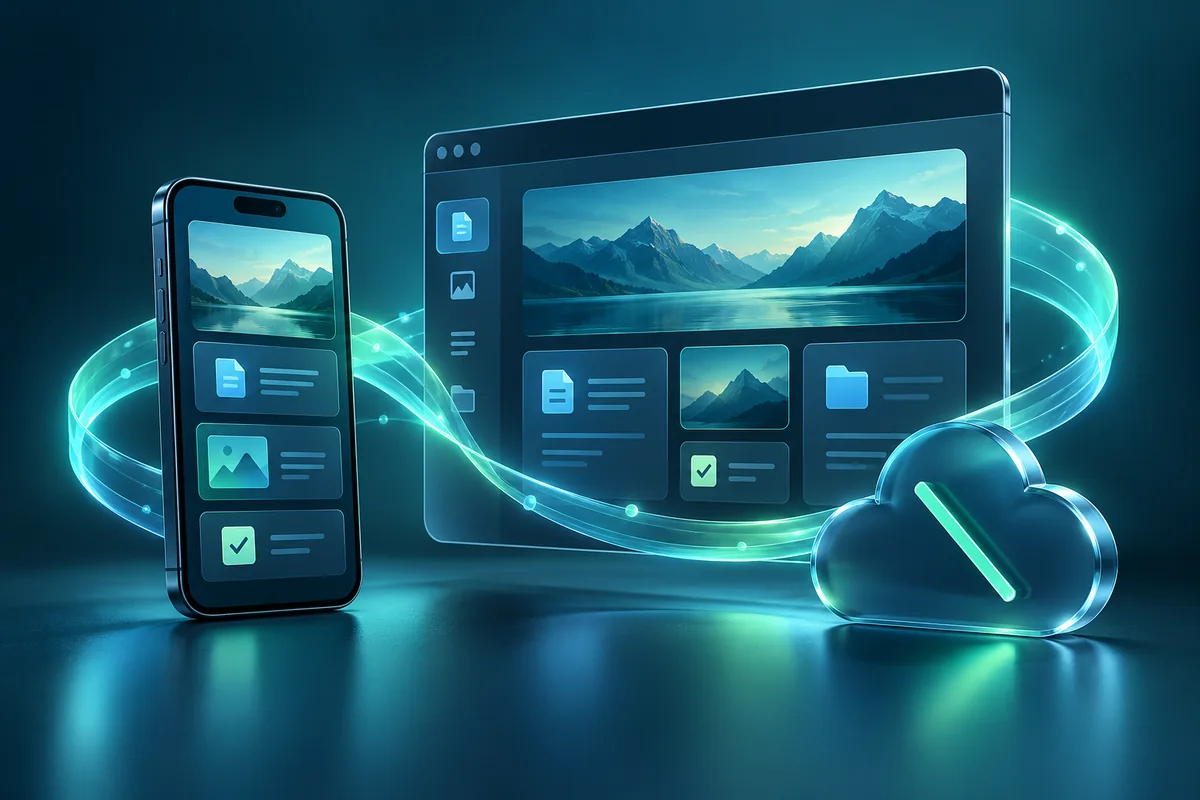 Smartphone and desktop app panels joined by an offline cloud and synchronisation ribbon