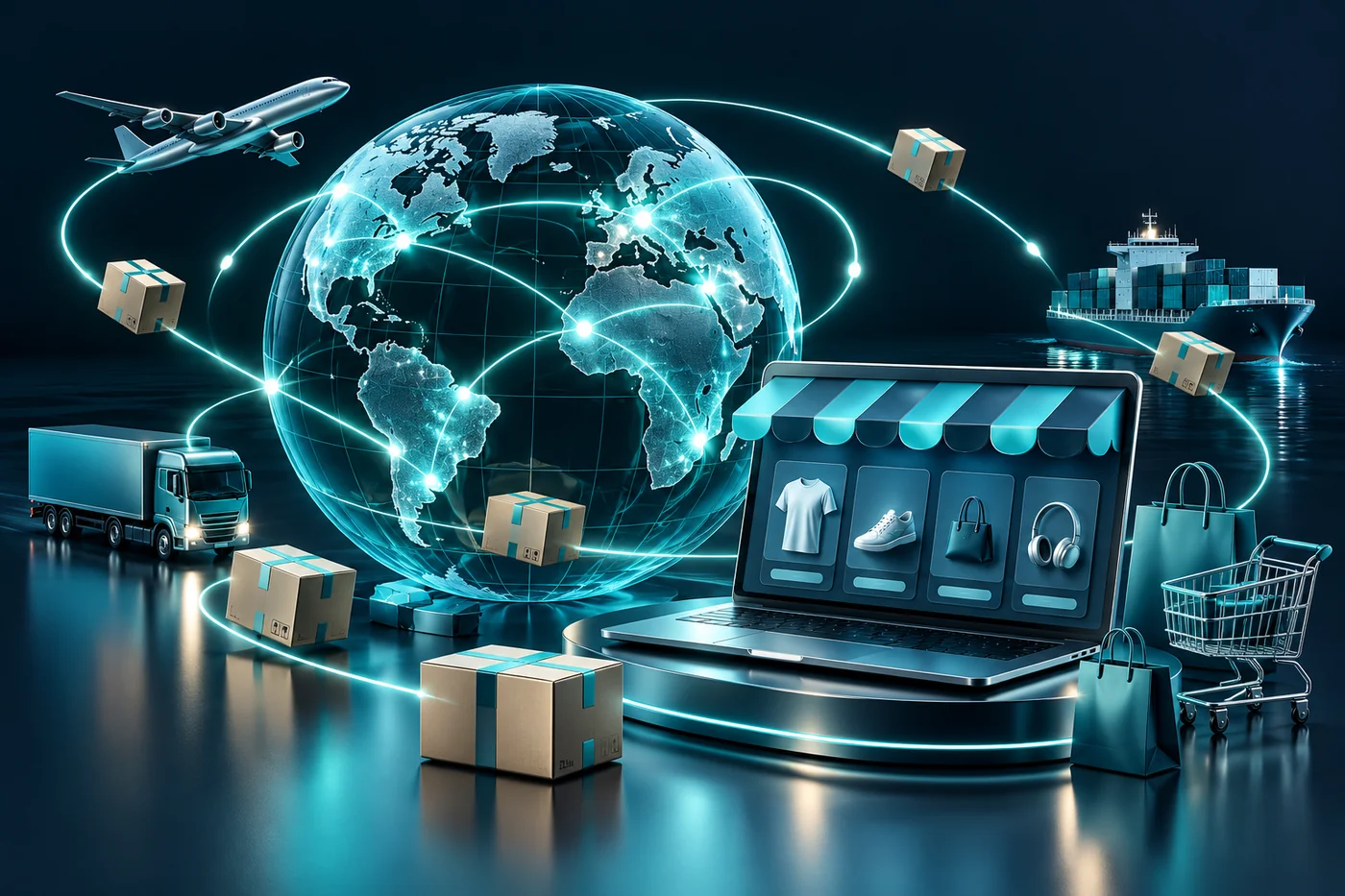 Navy and teal editorial illustration for international ecommerce