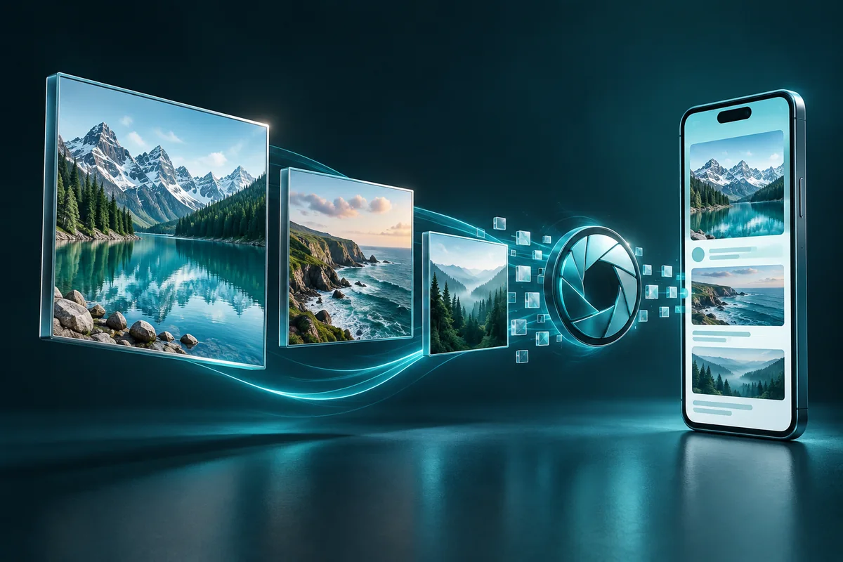 Landscape image frames flowing toward a mobile website with an aperture symbol
