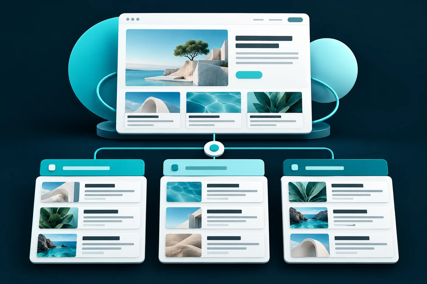 An editorial website with a featured story and article cards grouped into subject columns