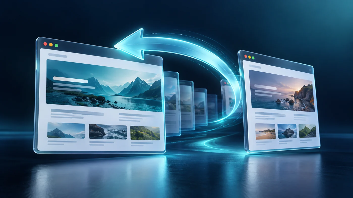 Website windows connected by a return arrow and layered memory cards