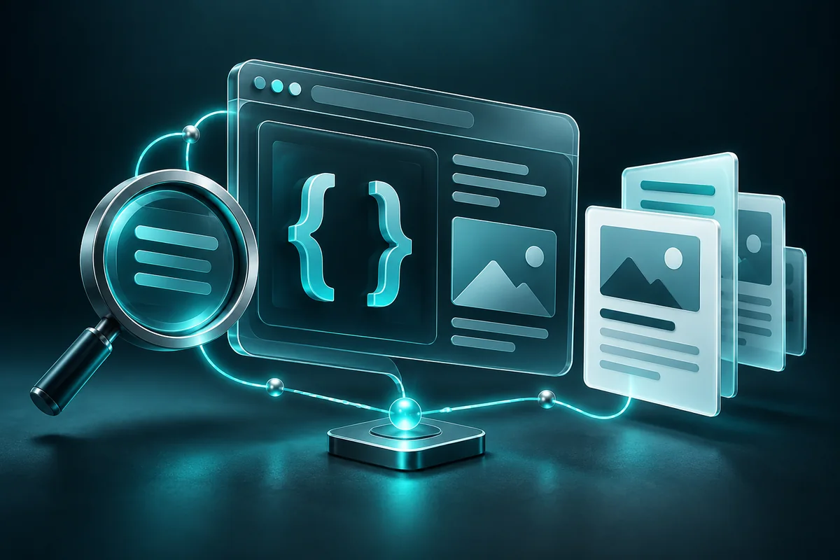 A glass browser with code braces, rendered content cards, and a search magnifier