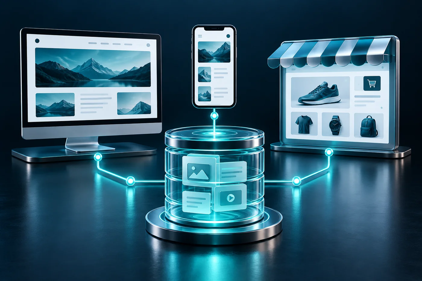 Navy and teal editorial illustration for headless cms