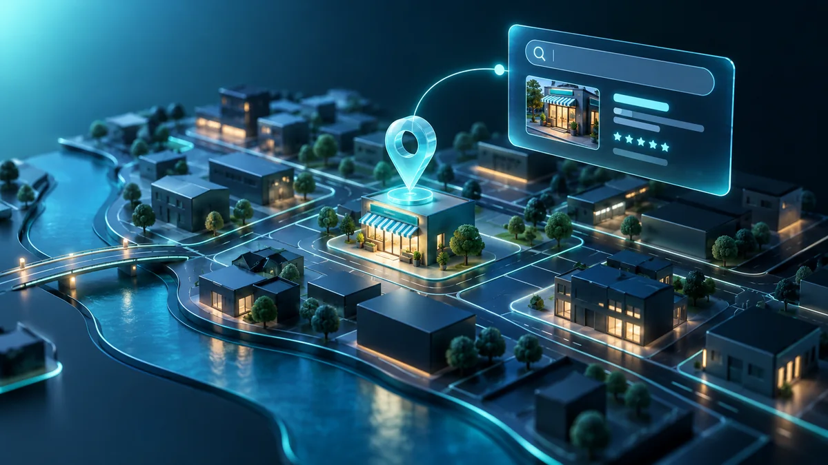 Local business storefront highlighted by a glowing map pin and search card