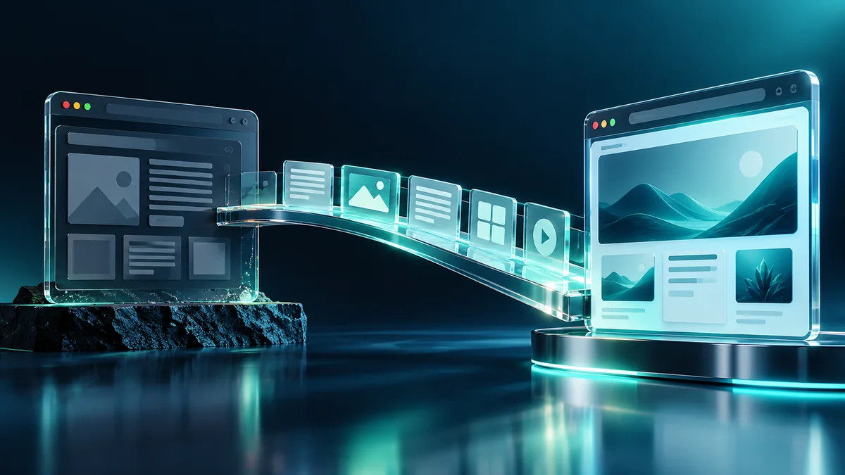 Two website layouts joined by a bridge carrying organised content cards
