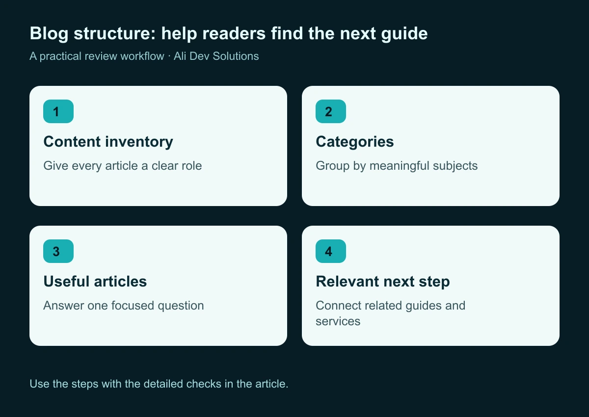 A business content hub connecting four clear categories to focused articles and relevant service pages