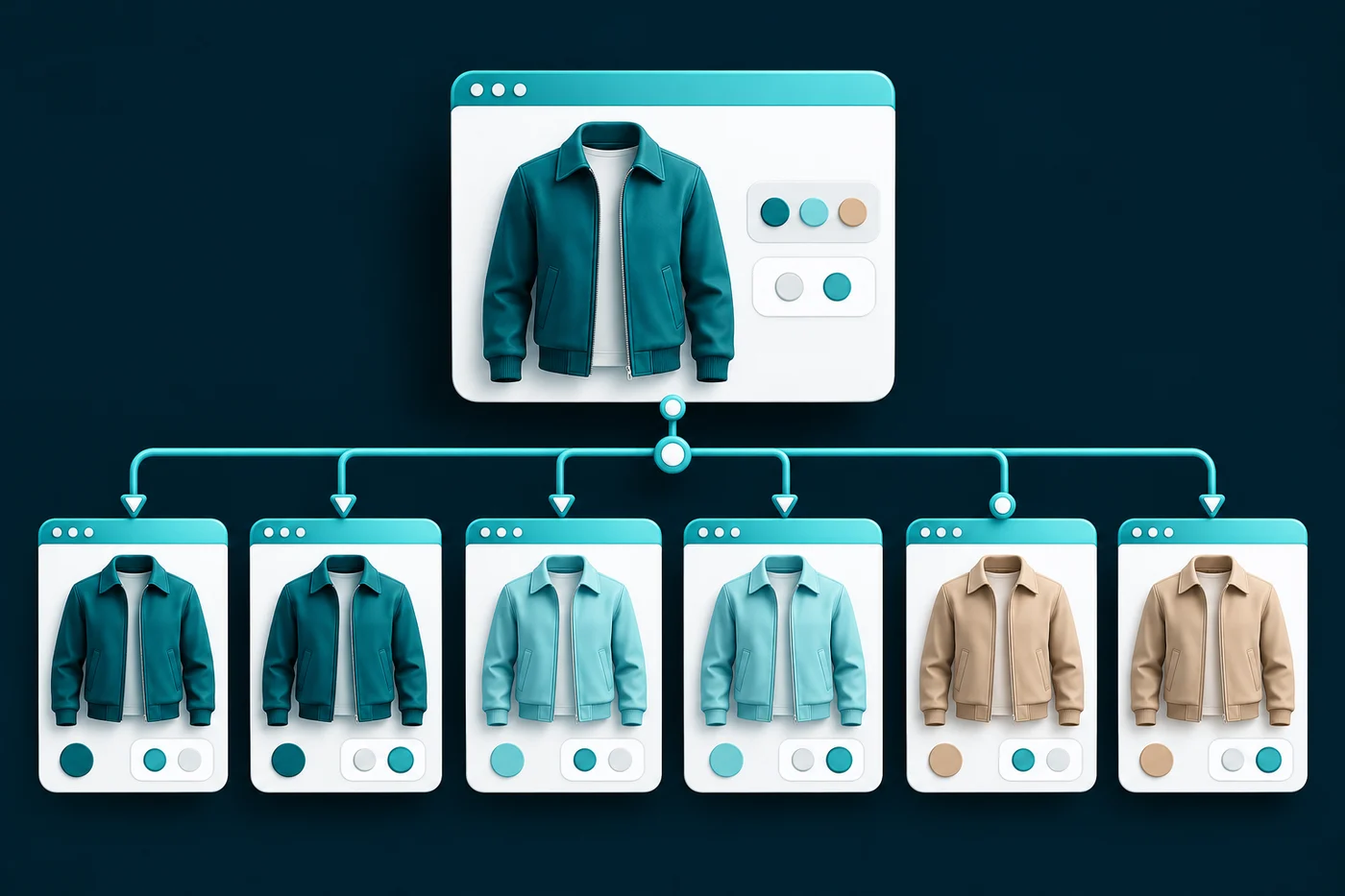 A parent product card connected to jacket variants in different colours and sizes