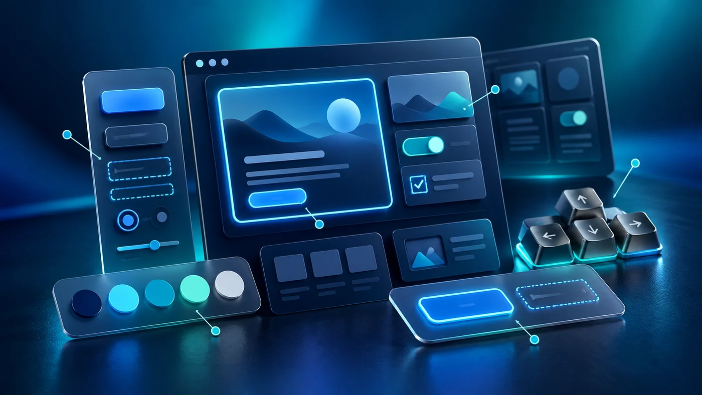 Interface components with keyboard keys, focus indicators and design annotations