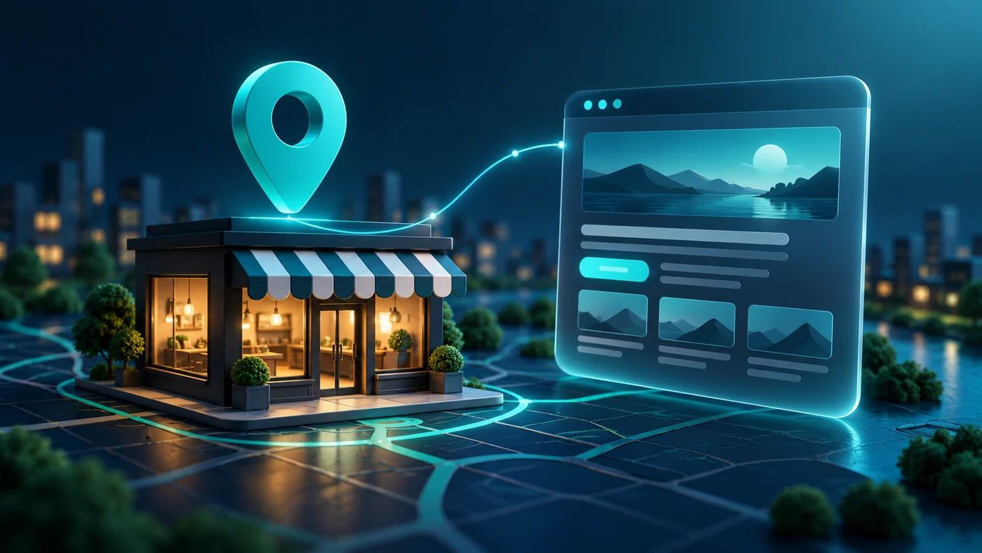Dark teal illustration representing google business profile website links