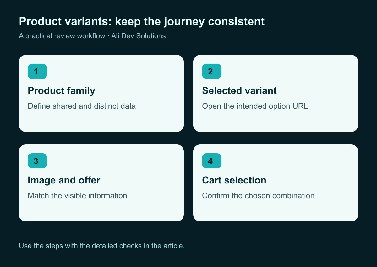 A parent product connected to variant records, with checks for the selected URL, accurate image and offer, and the cart selection