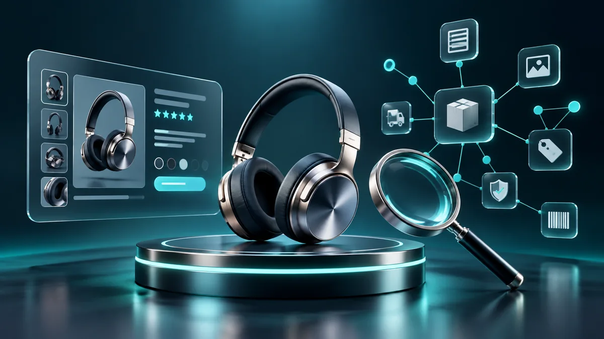 Headphones on a product pedestal beside a magnifying glass and structured information nodes