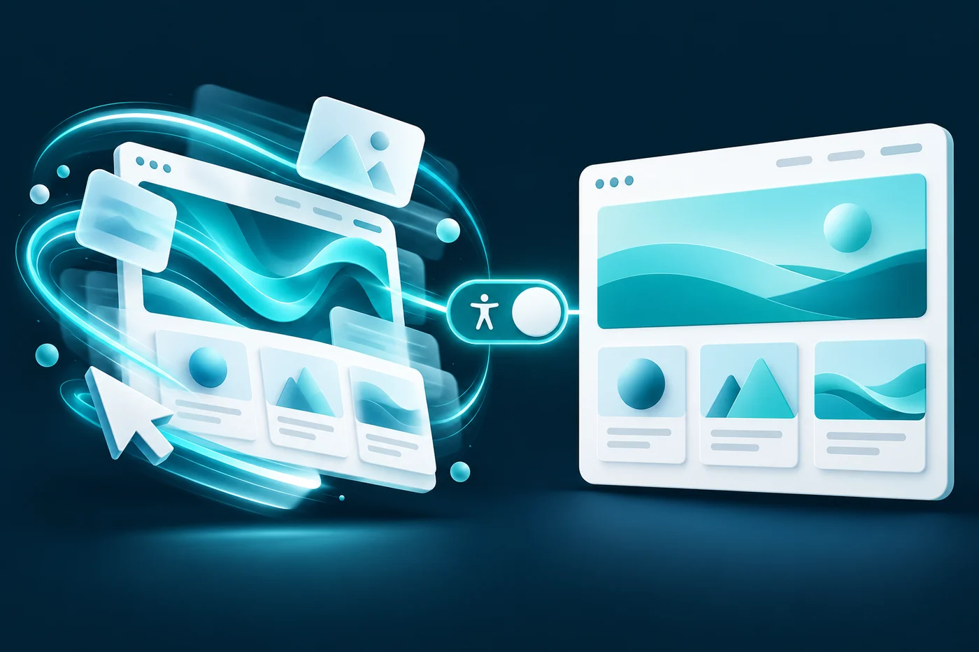 A website design canvas showing motion trails beside a calm layout and a motion-control toggle