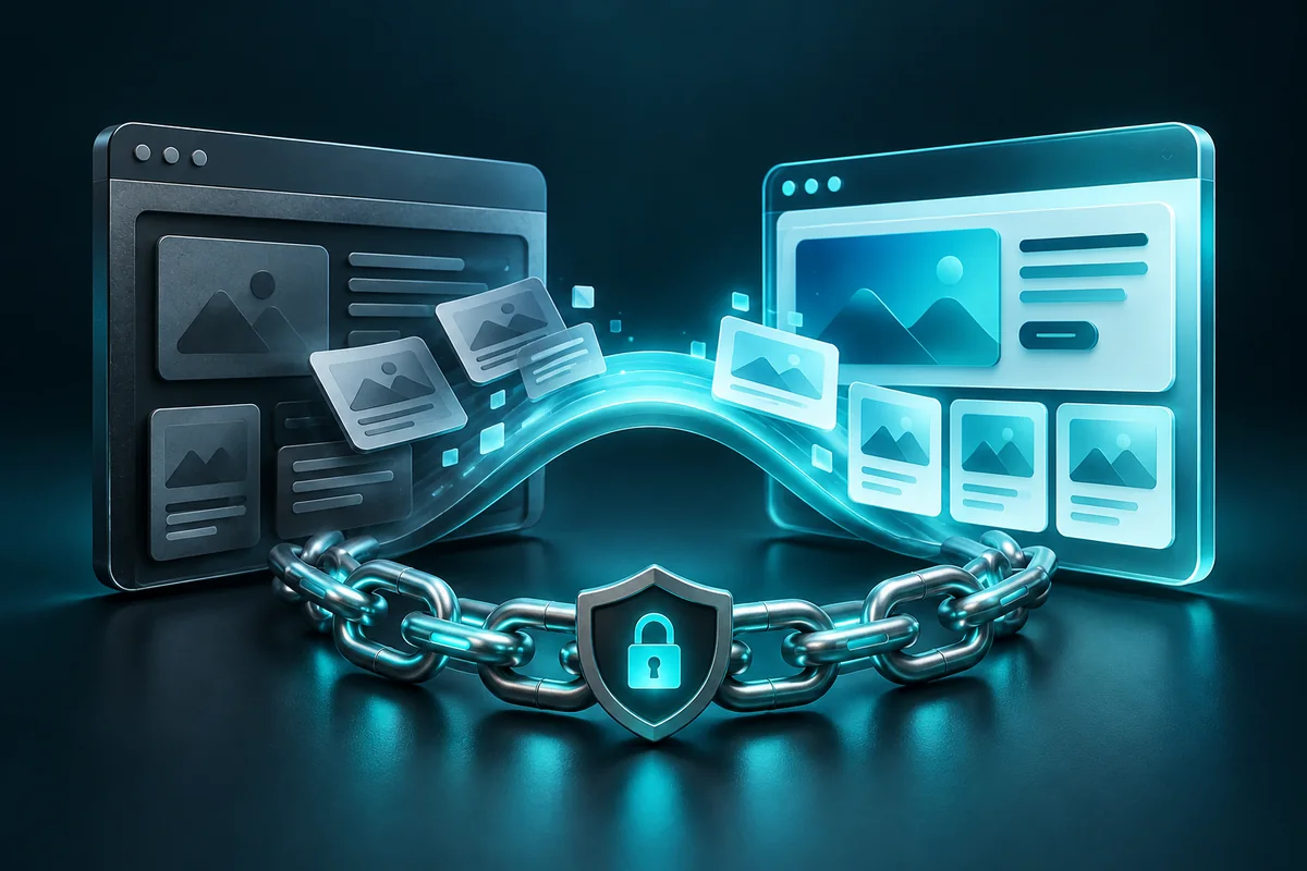 Two website layouts connected by a luminous bridge with a protected chain beneath