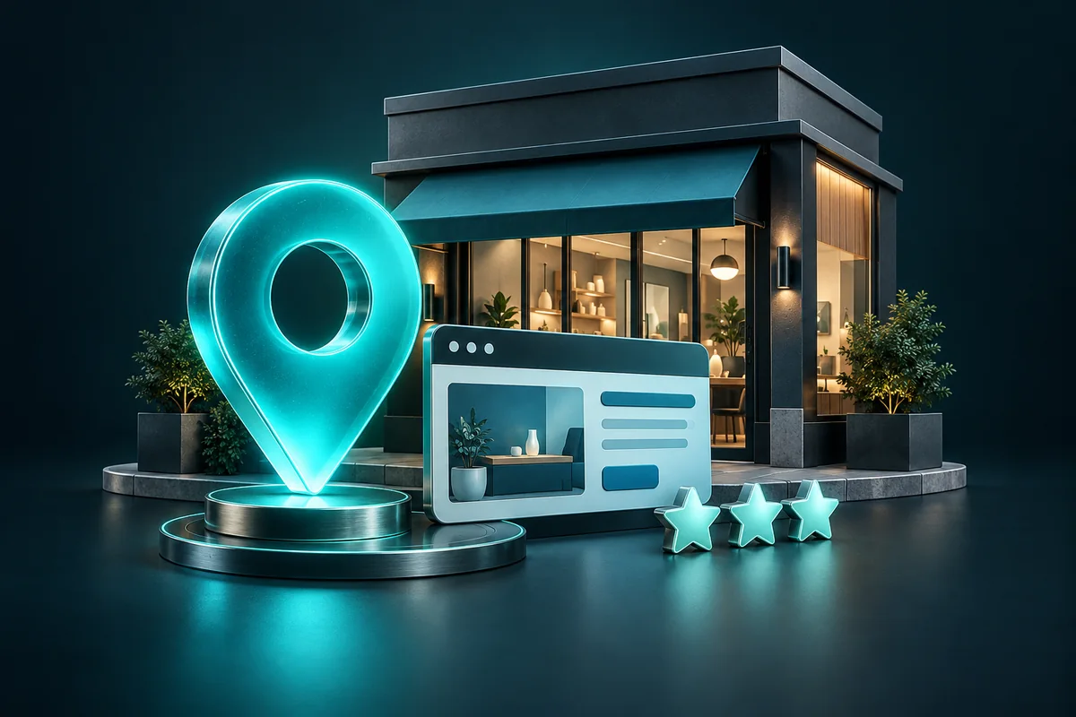 A location pin beside a service business storefront, website card, and review stars