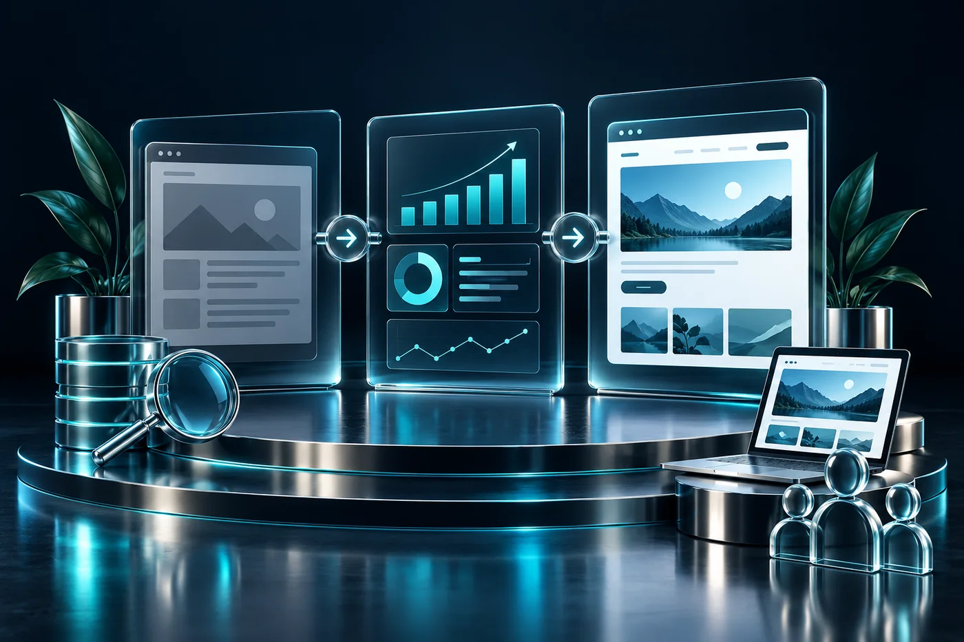 Navy and teal editorial illustration for business case studies