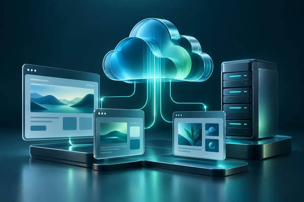 Translucent cloud and server tower connected to editable website panels