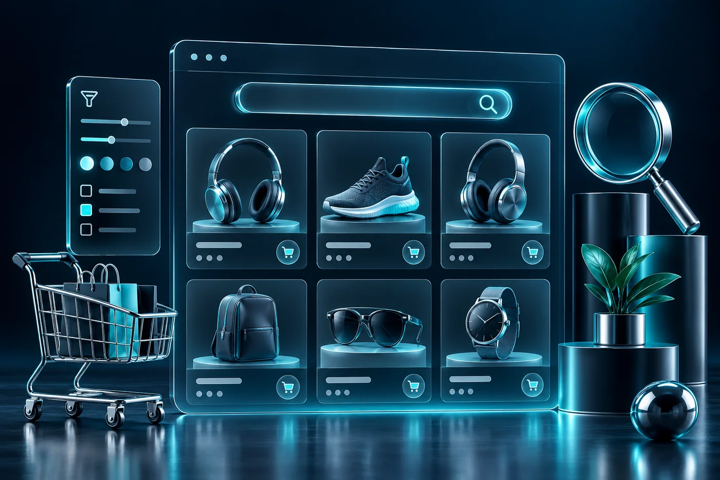 Navy and teal editorial illustration for ecommerce site search