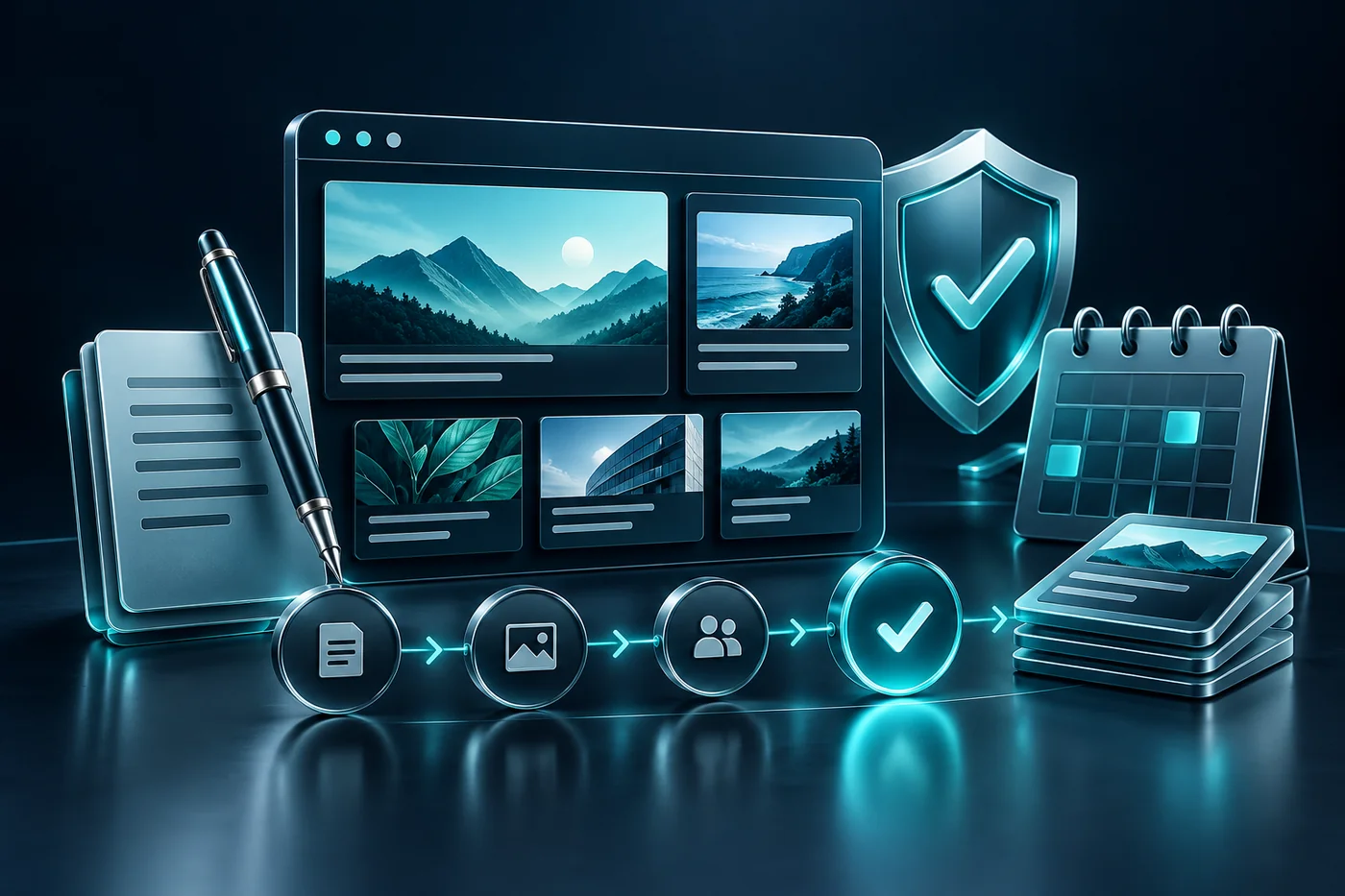 Navy and teal editorial illustration for cms content governance