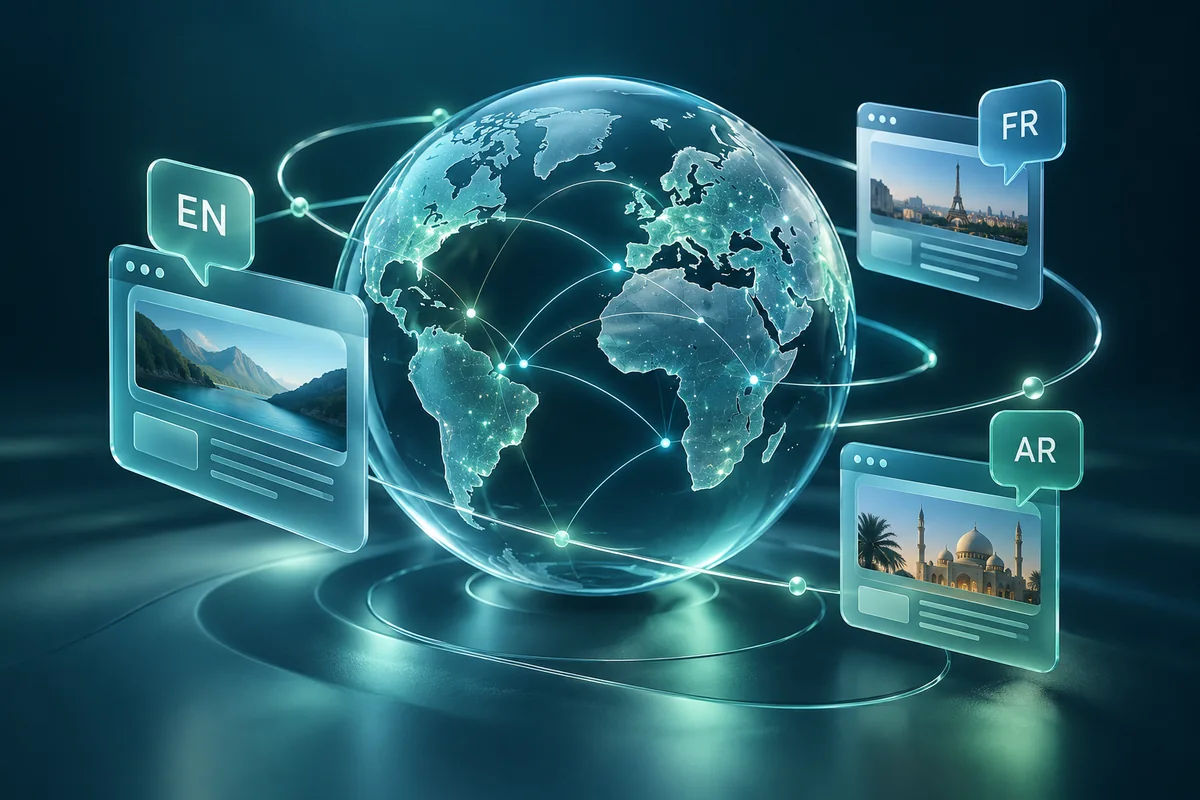 Luminous globe surrounded by English, French, and Arabic website panels