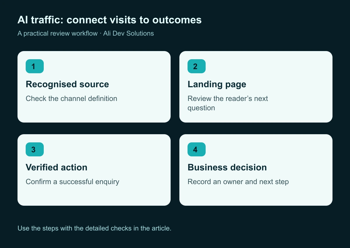 A measurement workflow from a recognised source through a landing page and verified action to a documented business decision