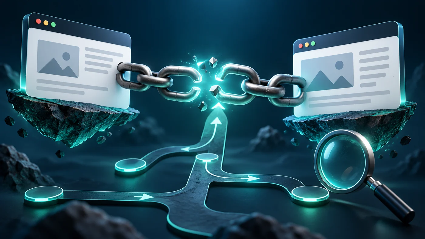 Dark teal illustration representing broken link recovery