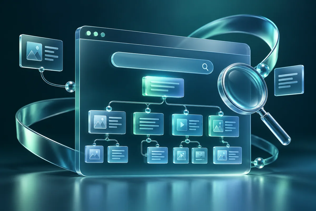 Browser search panel with a connected tree of structured information nodes