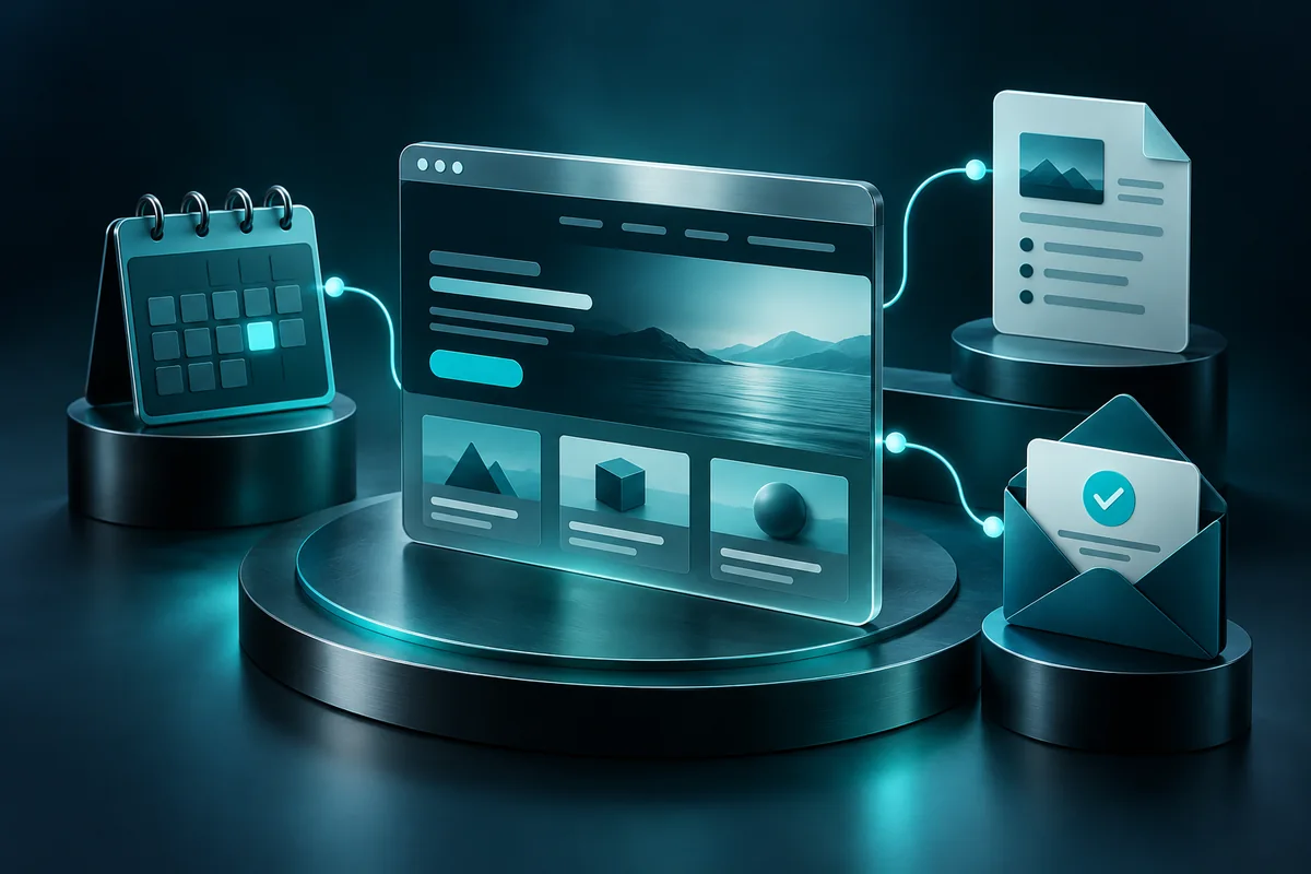 A service website connected to a calendar, project brief, and confirmed enquiry