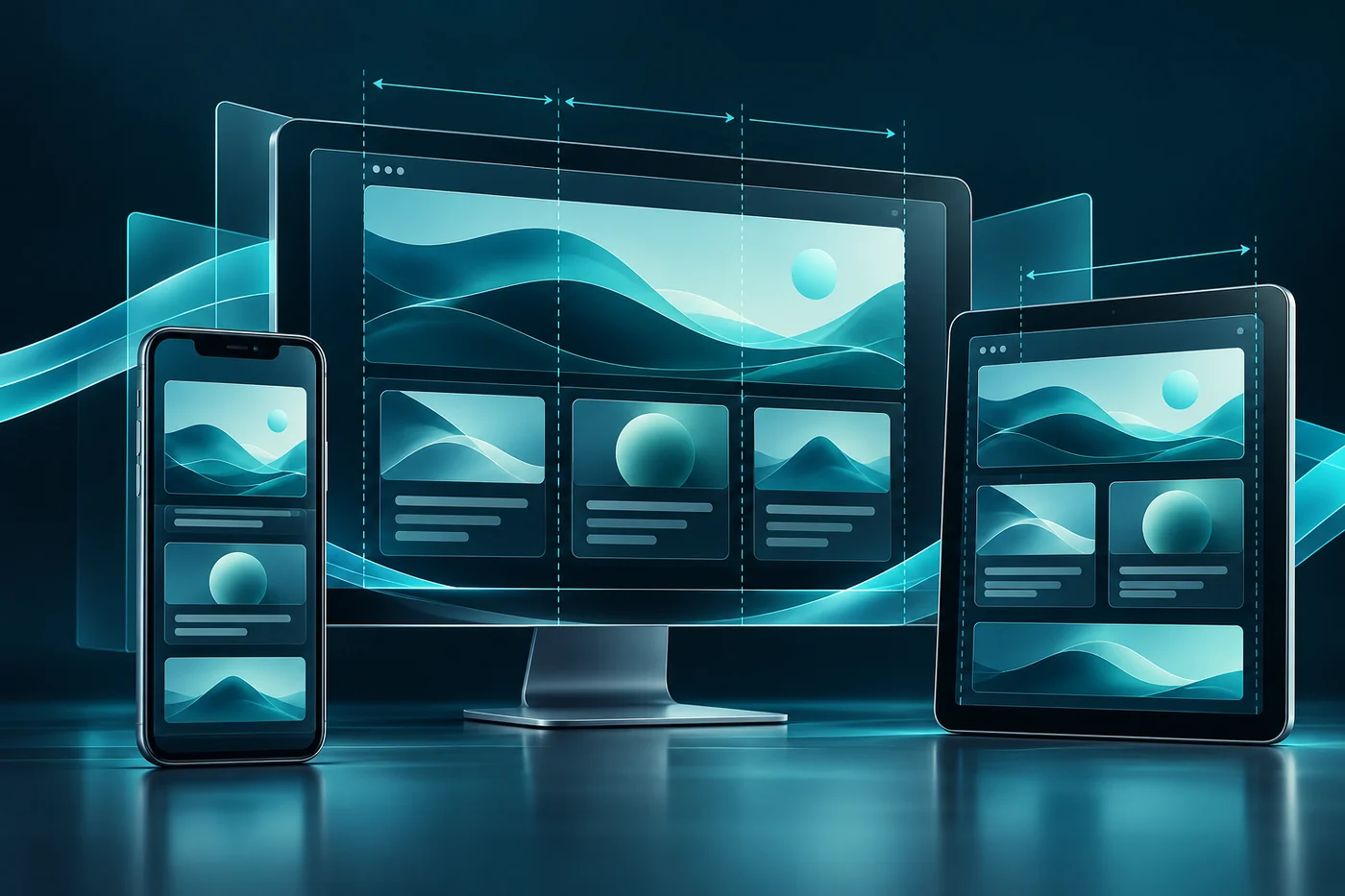 Desktop, tablet and mobile interface frames with fluid resizing guides