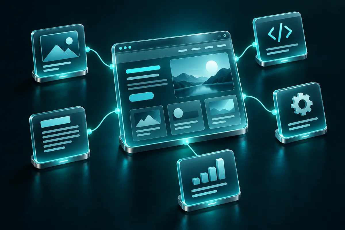 A central website page connected by teal ribbons to five supporting content cards